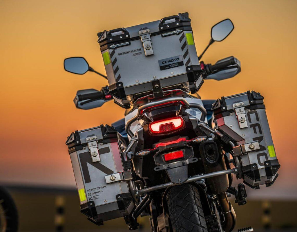CFMOTO Mauritius 700MT motorcycle side view showcasing adventure design and touring features.